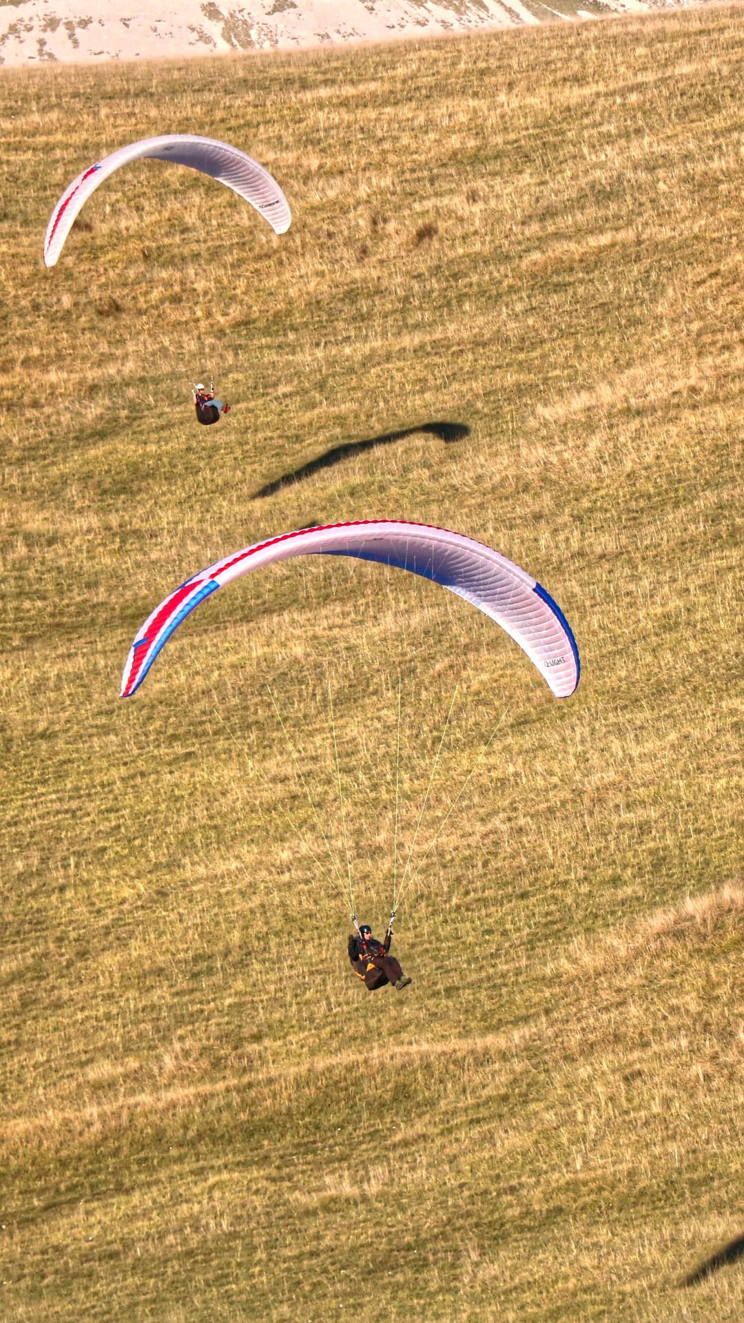 Zwei Gleitschirme fliegen bodennah und mit hoher Präzision die Kontur des Übungshangs ab.