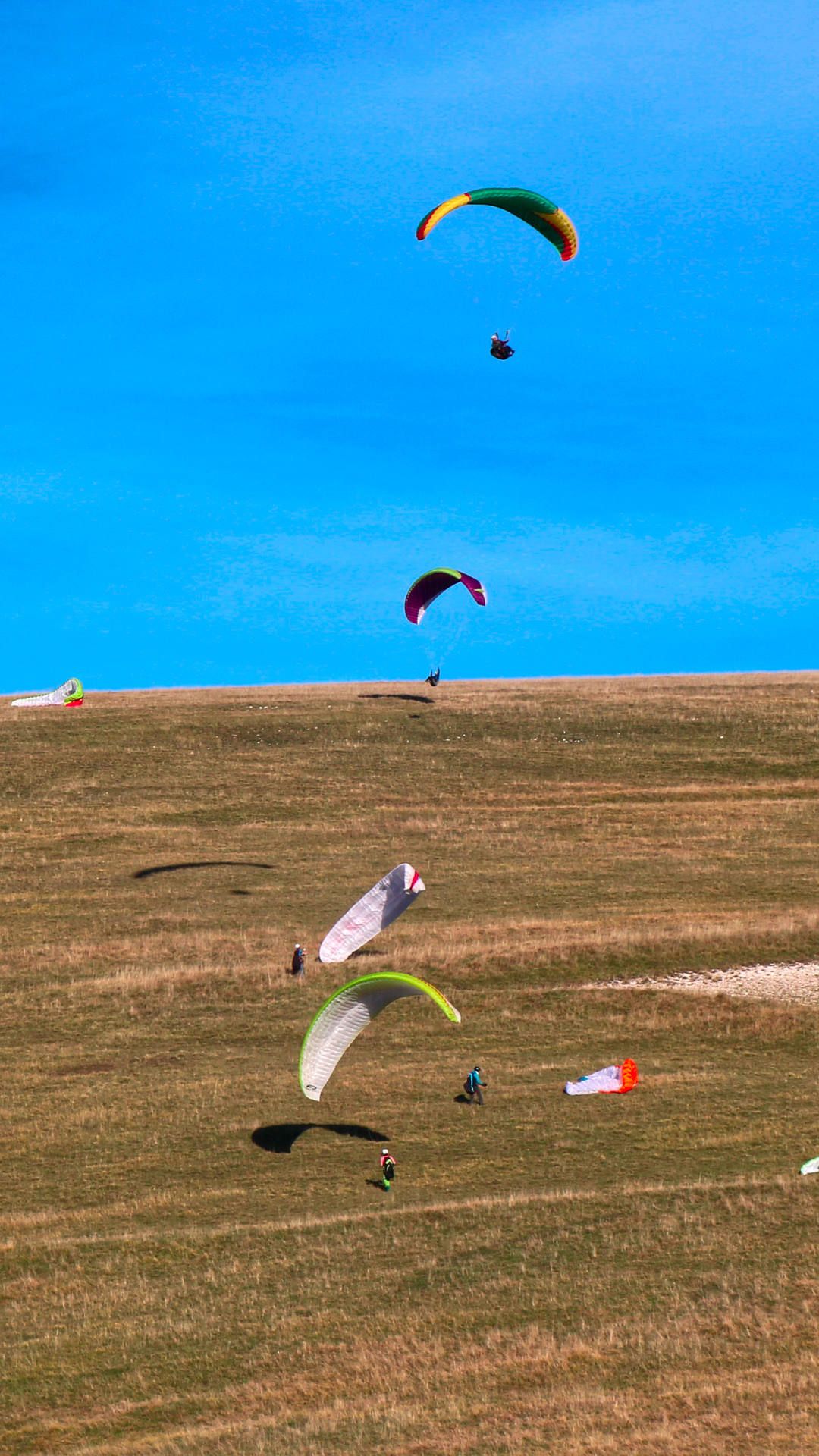 Am Übungshang in der Ebene von Castelluccio fliegen zwei Gleitschirme, während weiter unten mit dem Wind am Boden den Hang hochkiten.